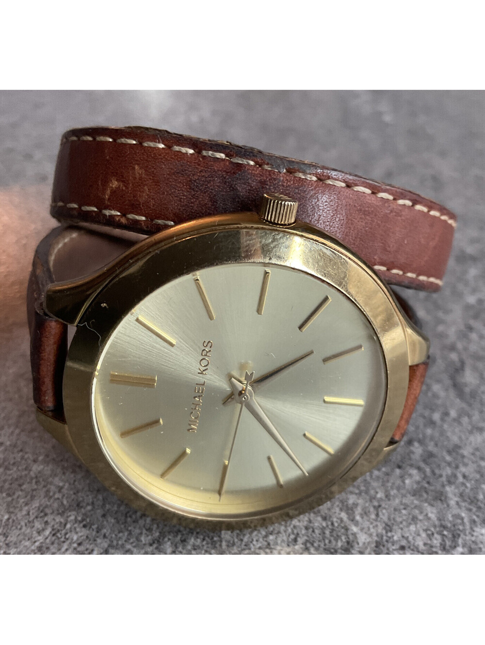 Michael Kors Women's MK2256 'Runway' Slim Brown Double Leather Band Watch Gold O